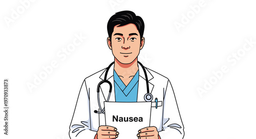 Male Doctor Holding Paper with Nausea Text Illustration.