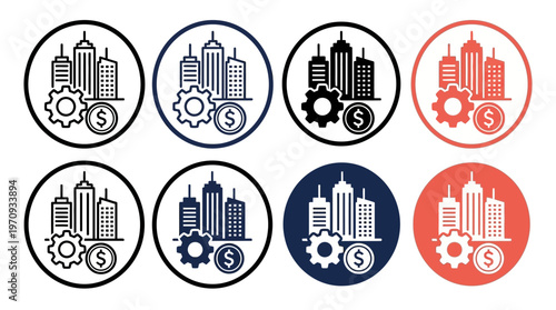 Modern city skyline above industrial gear with dollar sign, symbolizing urban growth, finance, and industry. Minimal, bold, versatile icons for labor, economy, and infrastructure.