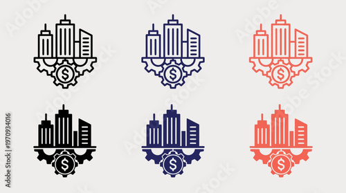 Modern city skyline above industrial gear with dollar sign, symbolizing urban growth, finance, and industry. Minimal, bold, versatile icons for labor, economy, and infrastructure.