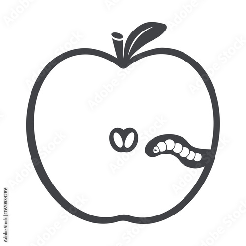 Apple with eating worm inside, pest damage vector silhouette