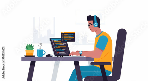 Programmer working on laptop coding software with headphones at desk