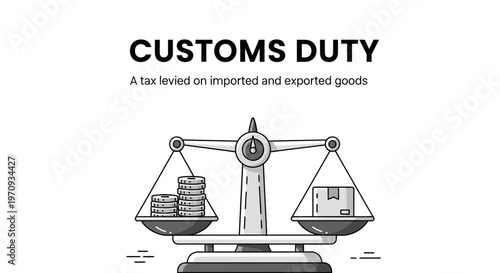Customs Duty Concept Illustration with Balance Scale and Cargo Box