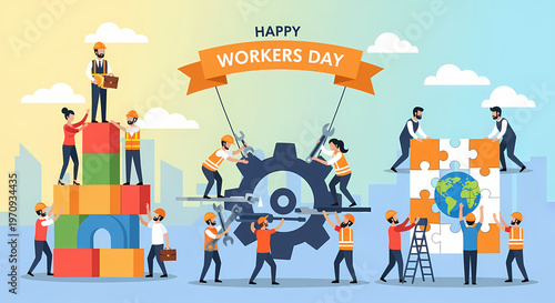 Team of diverse workers collaborating on building blocks, gear mechanism, and puzzle for Workers Day celebration