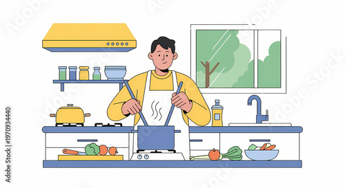 Man cooking in modern kitchen with fresh vegetables and kitchen utensils