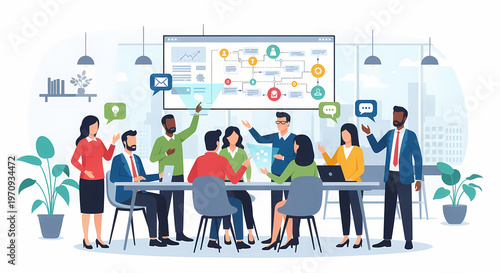 Business team meeting and collaboration in modern office with digital communication icons