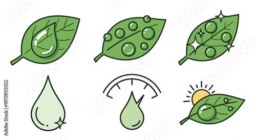 A set of green leaf icons with various water and sun effects.