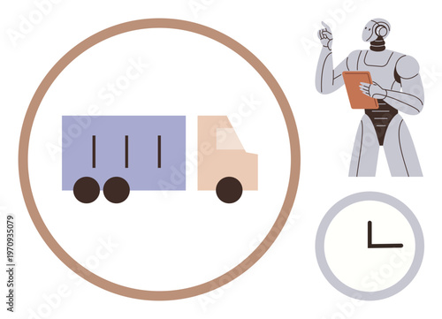 Automation, logistics planning, delivery management, artificial intelligence, time efficiency, supply chain. Robot with clipboard, truck inside a circle clock. Automation and logistics planning