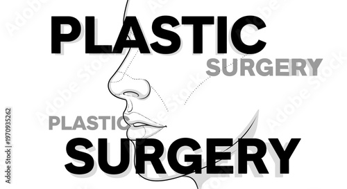 Plastic surgery concept illustration featuring a female face profile with surgical markings and bold typography.