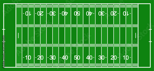 Clean top view American football field vector with detailed yard lines and markings. Perfect for sports backgrounds, templates, infographics, and game design.