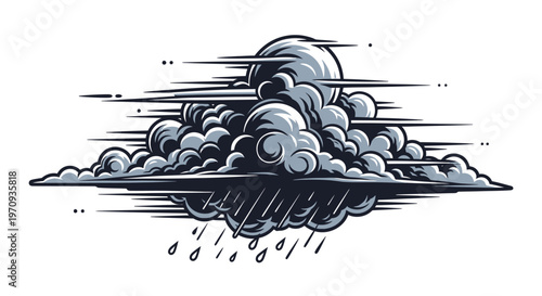 Dynamic vintage engraved storm cloud with heavy rain illustration, depicting turbulent weather with dramatic motion lines and a classic artistic aesthetic