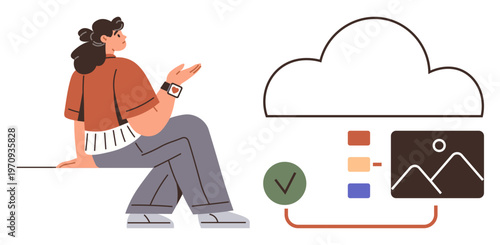 Cloud technology, data management, file sharing, online storage, digital organization, workflows. A woman sits next to a cloud and icons data syncing and file upload. Cloud technology and data
