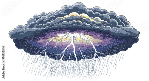 A powerful and dramatic illustration showcasing an active thunderstorm cloud with intense lightning bolts striking down amidst heavy rainfall, depicting the raw force of nature