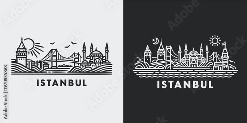 Istanbul City Skyline Line Art Illustration
