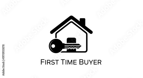 First time home buyer concept with house outline and key icon.