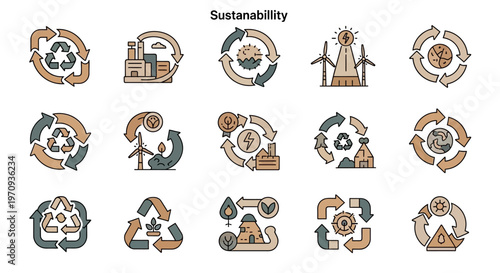 Sustainability and Circular Economy Icons Set: Eco-Friendly Renewable Energy Concepts