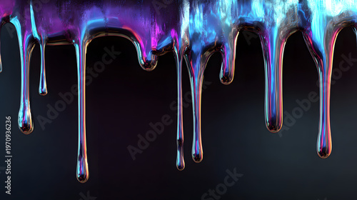Molten holographic chrome in glossy drips with neon glow on black futuristic abstract design
