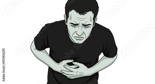 Man suffering from severe stomach ache or abdominal pain. Concept of digestive problems, food poisoning, or gastritis symptoms. Flat vector illustration in comic style