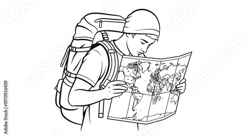 Young male backpacker looking at a world map. Concept of travel, adventure, global exploration, and vacation planning. Minimalist black and white line art illustration