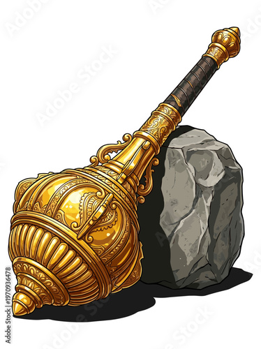 Golden Gada Mace Leaning Against a Rock, Ancient Indian Mythological Weapon Illustration.