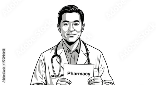 Smiling male doctor holding a sign with 'Pharmacy' text. Concept of pharmaceutical services, medical prescription, and healthcare assistance. Black and white vector illustration.