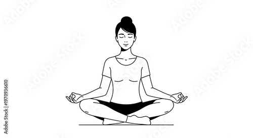 Young woman practicing meditation in lotus pose. Concept of mental health, mindfulness, and inner peace. Black and white minimalist line art illustration