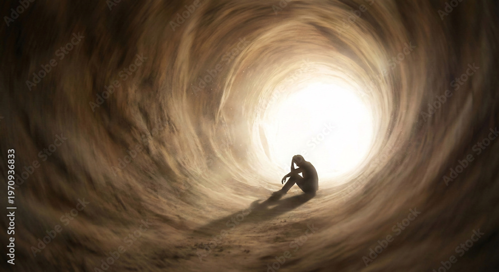 Fototapeta premium Solitary Human Silhouette Sits Reflecting in a Long Tunnel Towards a Bright Exit Light