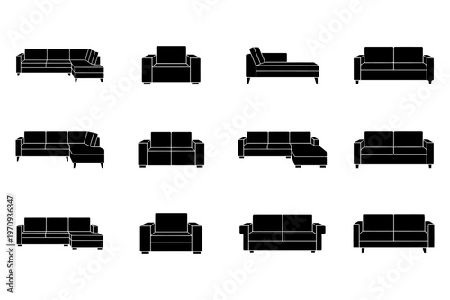 Modern sofa icons set, black furniture silhouettes for interior design, 12 minimalist couch and armchair vector elements for floor plans
