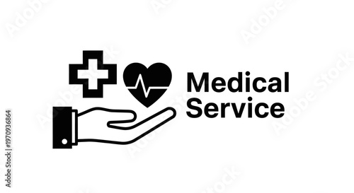 Flat vector illustration of medical service typography with heartbeat and pharmacy cross icons. Professional health care symbol for web and app design."