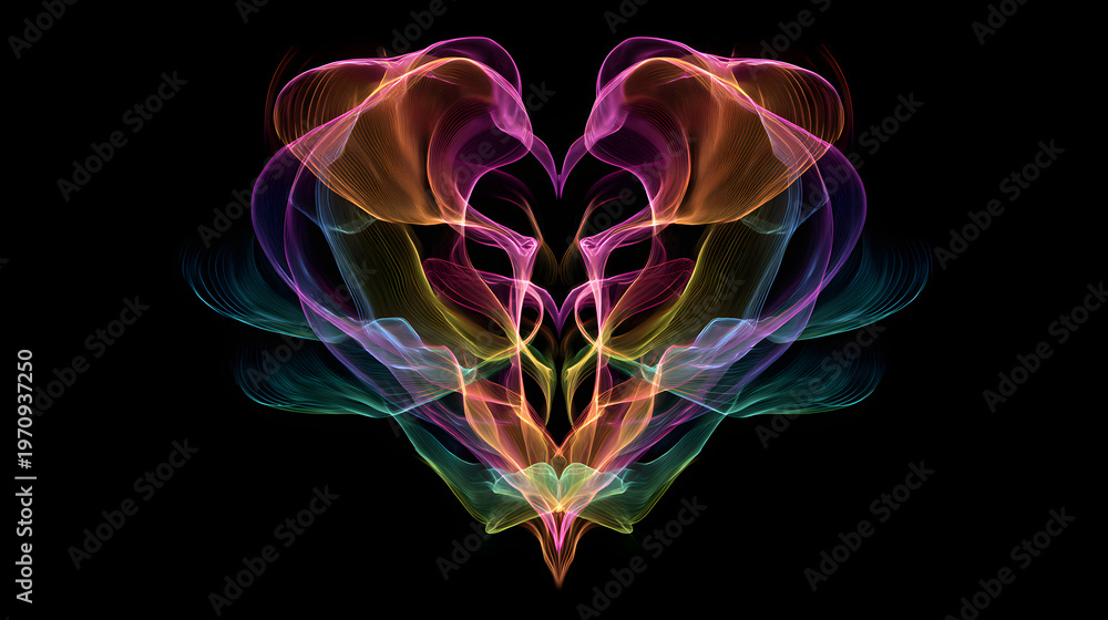 Obraz premium Neon smoke heart on black in symmetrical abstract futuristic lgbtq wallpaper design