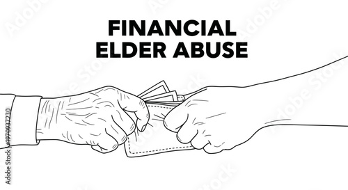 Financial Elder Abuse Line Art Illustration, Hand Grabbing Wallet from Senior Citizen.