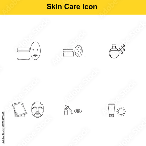 A collection of line icons representing various skin care products and treatments, including masks, creams, oils, and sun protection.