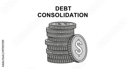 Debt Consolidation Concept Illustration with Stacks of Coins and Dollar Signs.