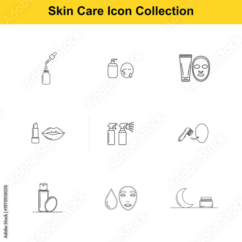 Line art icon collection depicting various skin care products and beauty routines, including masks, lotions, and makeup items.