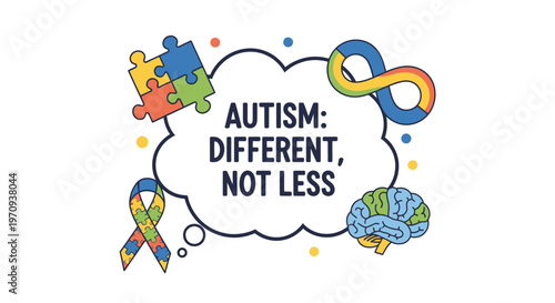 Autism Awareness Concept with "Different, Not Less" Quote and Symbols.