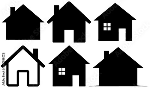 фотографія Six black house icons and silhouettes: minimalist home outlines, some with windows or doors