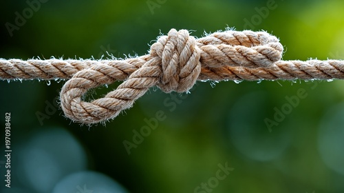 Close-up view of a tied knot made from natural jute rope against a blurred green background, showcasing the texture and detail of the fibers