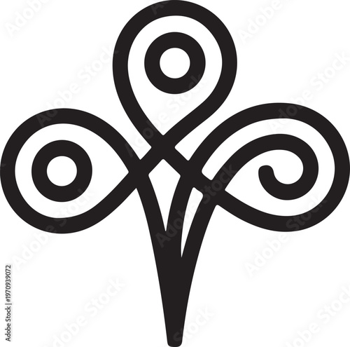 An intriguing black symbol featuring three interconnected loops converging at a central point