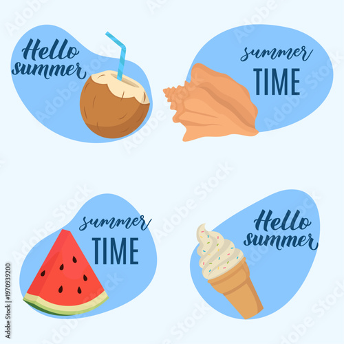 Summer flat stickers set with coconut, shell, watermelon and ice cream Hello summer colorful badge