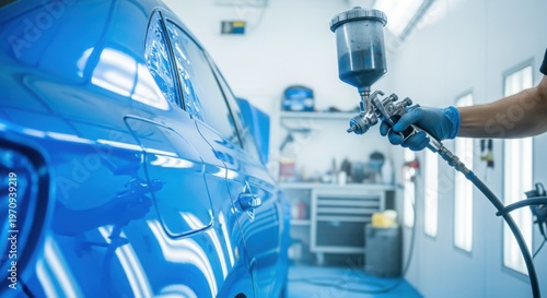 A person wearing gloves sprays blue paint onto a car in a professional auto body shop.