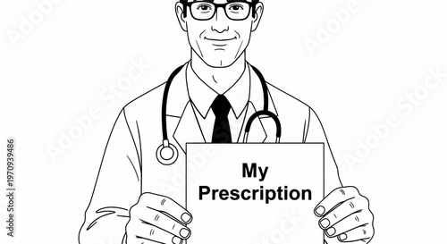 Doctor holding "My Prescription" sign. Hand drawn black and white vector illustration of a medical professional isolated on white background.