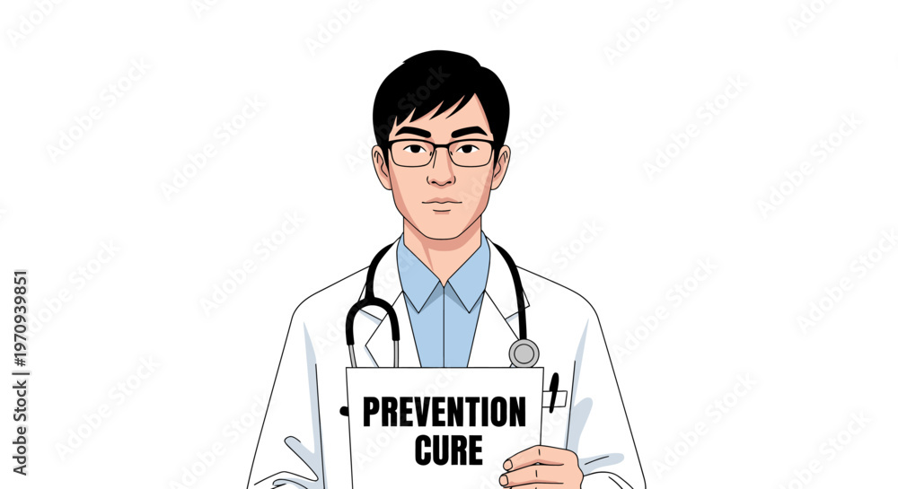 Fototapeta premium Asian Male Doctor Holding a Prevention and Cure Signboard