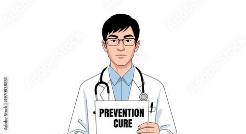 Asian Male Doctor Holding a Prevention and Cure Signboard