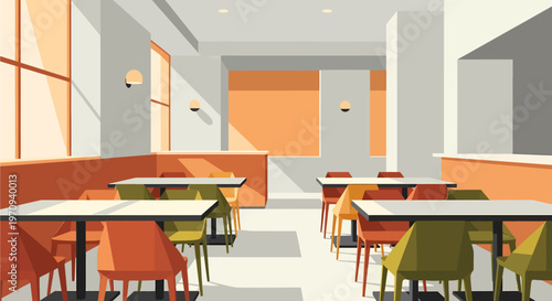 Modern minimalist restaurant interior with orange and olive green chairs and natural light streaming through large windows.