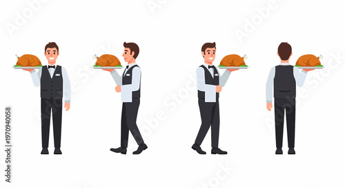 Four different poses of a male waiter in uniform holding a platter with a roasted turkey, presented against a white background.