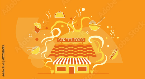 A vibrant flat illustration of a bustling street food stall with various delicious dishes like tacos, noodles, and hot dogs, surrounded by steam on an orange background.