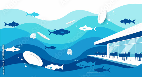 Stylized illustration of an underwater scene with fish, floating plates, and a modern restaurant building partially submerged in blue waves.