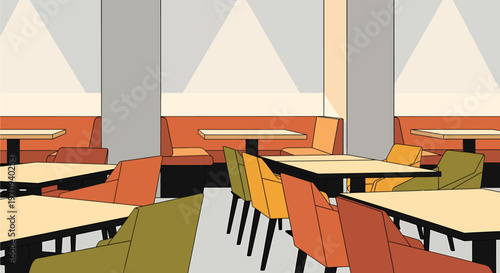 Modern restaurant interior with empty tables and chairs, featuring warm color tones and booth seating.