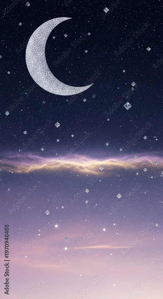 Naklejka premium Image of shiny crescent moon and cubic stars against gradient sky. Represents dream, magic, cosmic beauty, and calm night background.