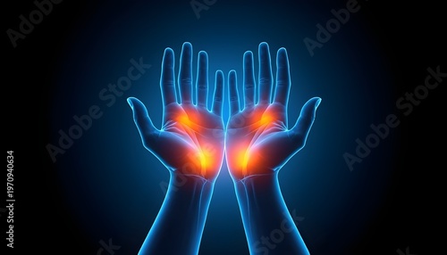 A medical illustration of two hands with glowing blue outlines and highlighted wrist pain