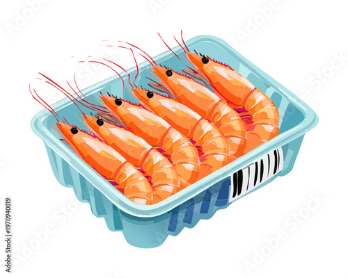 Row of fresh raw shrimp inside commercial packaging with price tag for grocery shopping and healthy diet Vector Illustration